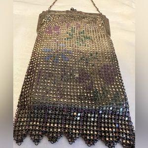 Antique Ornate Whiting Davis Purse Vintage Mesh Metal Bag Floral Design Art Deco